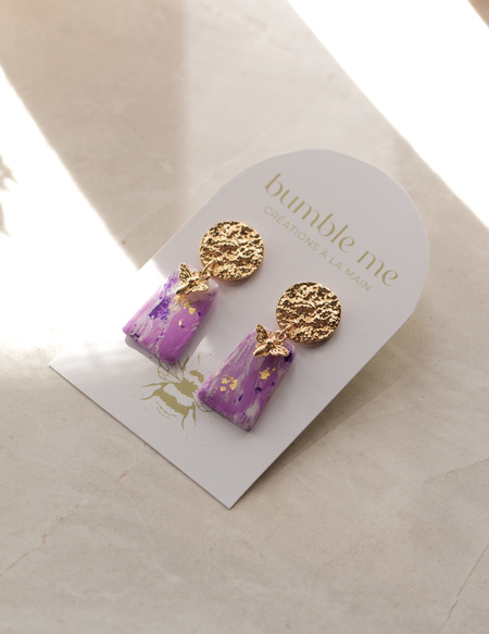 Boucles d'oreille améthyste fimo artisanale acier inoxydable