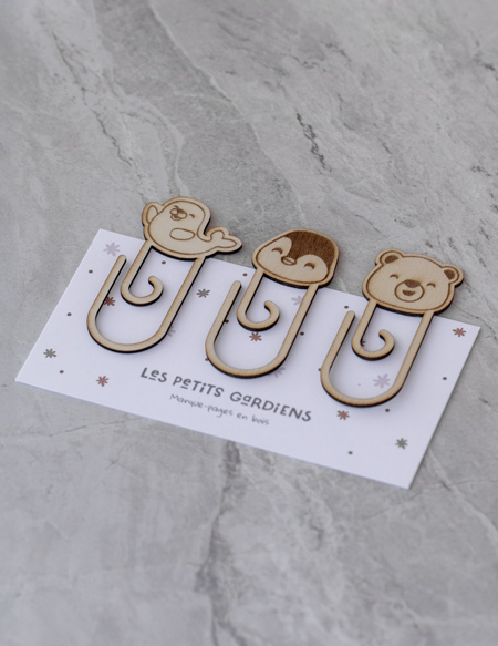 lot marque-page banquise en bois avec animaux du pole nord, phoque, ours polaire, pingouin découpé au laser